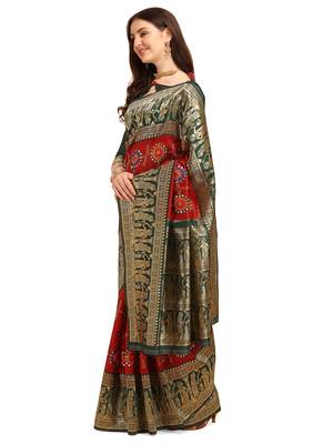 Red embroidered banarasi silk saree with blouse 2