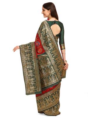 Red embroidered banarasi silk saree with blouse 3