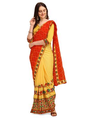 Orange embroidered faux georgette saree with blouse 1