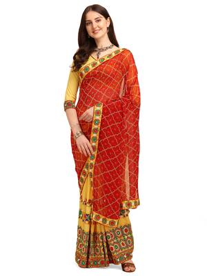 Red embroidered faux georgette saree with blouse 1