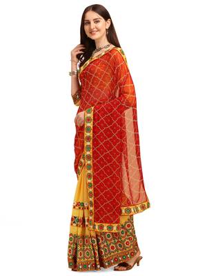 Red embroidered faux georgette saree with blouse 2