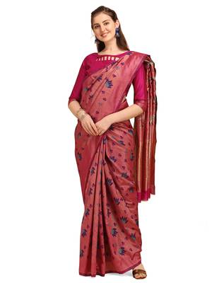 Pink printed Banarasi silk blend Saree with blouse 1