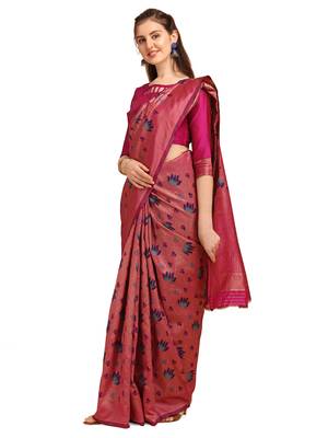 Pink printed Banarasi silk blend Saree with blouse 2