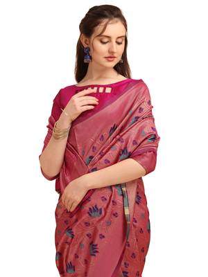 Pink printed Banarasi silk blend Saree with blouse 4