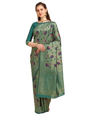 Green printed Banarasi silk blend Saree with blouse 1