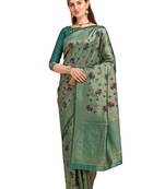 Green printed Banarasi silk blend Saree with blouse