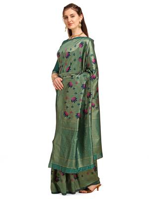 Green printed Banarasi silk blend Saree with blouse 2