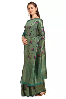 Green printed Banarasi silk blend Saree with blouse