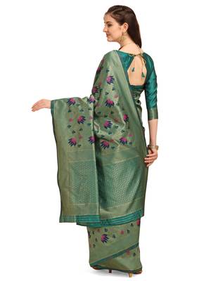 Green printed Banarasi silk blend Saree with blouse 3