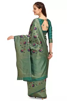 Green printed Banarasi silk blend Saree with blouse