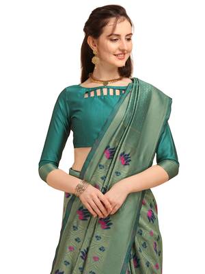 Green printed Banarasi silk blend Saree with blouse 4