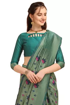 Green printed Banarasi silk blend Saree with blouse