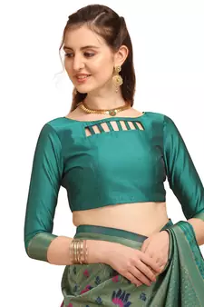 Green printed Banarasi silk blend Saree with blouse