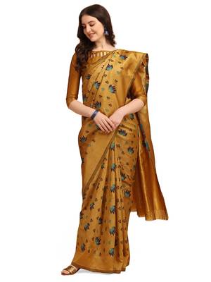 Yellow printed banarasi silk saree with blouse 1