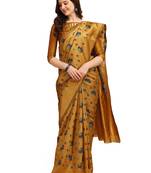 Yellow printed banarasi silk saree with blouse