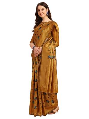 Yellow printed banarasi silk saree with blouse 2