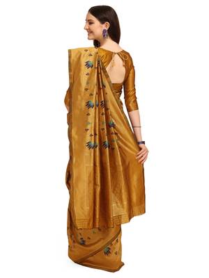 Yellow printed banarasi silk saree with blouse 3