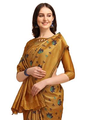 Yellow printed banarasi silk saree with blouse 4