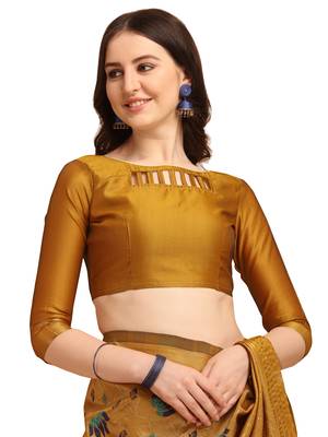 Yellow printed banarasi silk saree with blouse 5