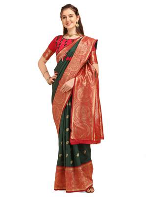 Green embroidered banarasi silk saree with blouse 1