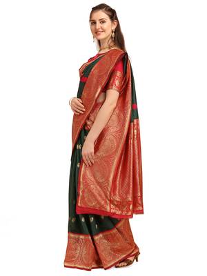 Green embroidered banarasi silk saree with blouse 2