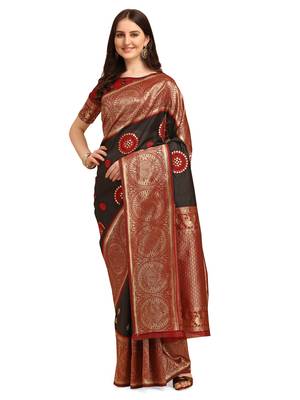 Black embroidered banarasi silk saree with blouse 1