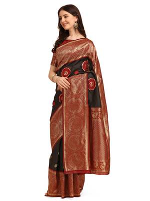 Black embroidered banarasi silk saree with blouse 2