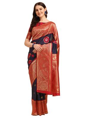 Blue embroidered banarasi silk saree with blouse 1