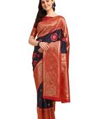 Blue embroidered banarasi silk saree with blouse