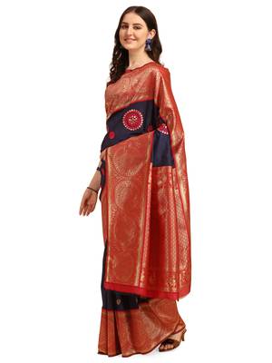 Blue embroidered banarasi silk saree with blouse 2