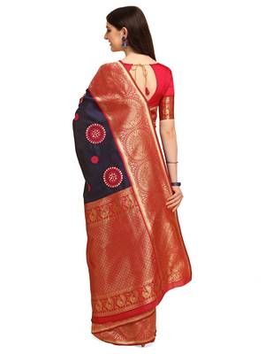 Blue embroidered banarasi silk saree with blouse 3