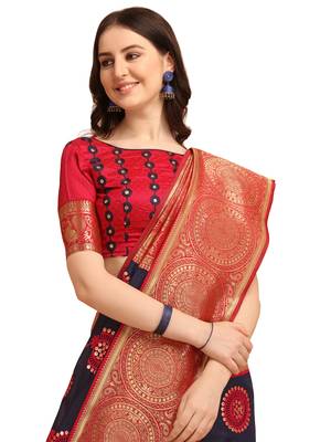 Blue embroidered banarasi silk saree with blouse 4