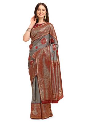 Grey embroidered banarasi silk saree with blouse 1