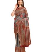 Grey embroidered banarasi silk saree with blouse
