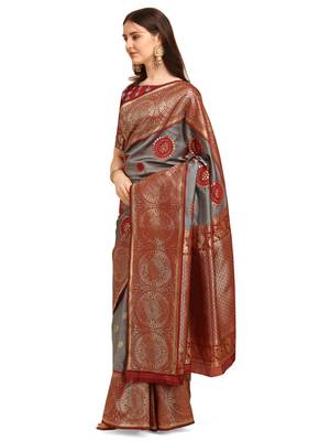 Grey embroidered banarasi silk saree with blouse 2