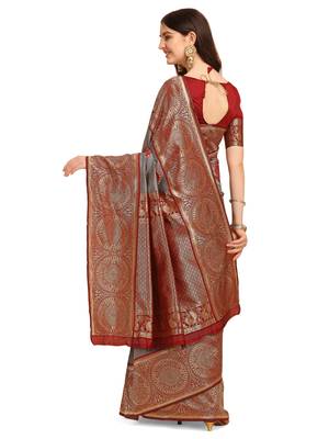 Grey embroidered banarasi silk saree with blouse 3