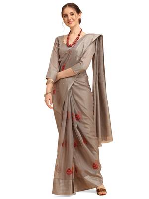 Grey woven cotton poly saree with blouse 1
