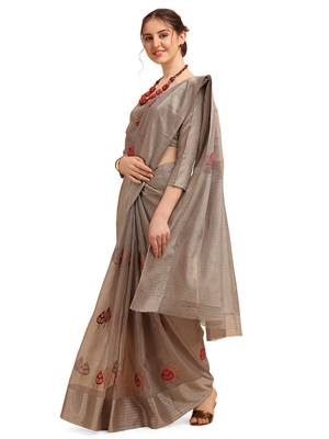 Grey woven cotton poly saree with blouse 2