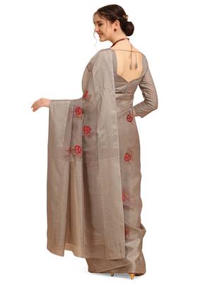 Grey woven cotton poly saree with blouse 3