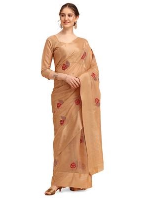 Cream woven cotton poly saree with blouse 1