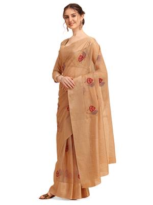 Cream woven cotton poly saree with blouse 2