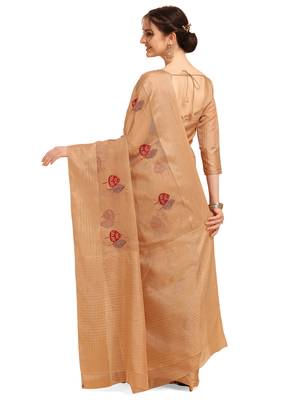 Cream woven cotton poly saree with blouse 3