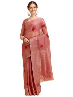 Pink woven cotton poly saree with blouse 1