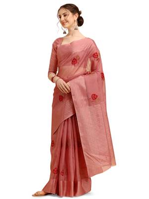 Pink woven cotton poly saree with blouse 2