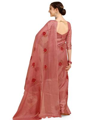Pink woven cotton poly saree with blouse 3
