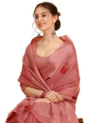 Pink woven cotton poly saree with blouse 4