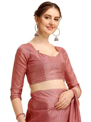 Pink woven cotton poly saree with blouse 5