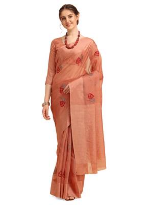 Orange woven cotton poly saree with blouse 1