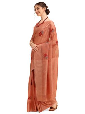 Orange woven cotton poly saree with blouse 2