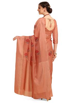 Orange woven cotton poly saree with blouse 3
